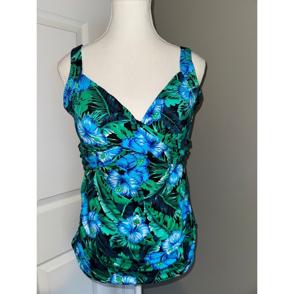 Lands' End Other - Lands End Tropical Floral Tankini Top Blue Green Hibiscus Underwire Size 12